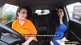Busty woman Harmony Reigns eats examiner's twat in the car