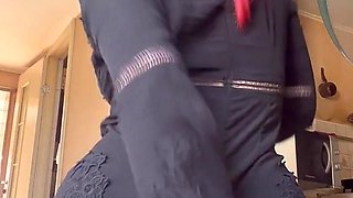 Masturbating with New Tight Clothes and Toilet Brush on the Balcony