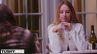 TUSHY Gorgeous brunettes seduce professor in anal threesome