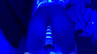 Neon huge dildo on fucking machine part 2