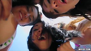 Group of bathing suit beach babes go to the motel for an group fuck