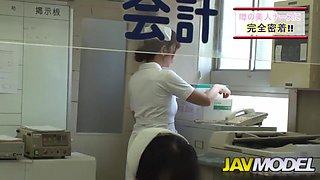 3 Japanese nurses making a blow job in line