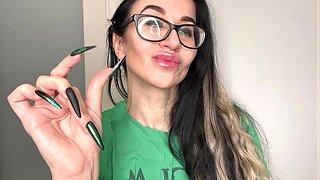 Finger Snapping and Sucking Fingers with Green Long Nails, Long Hair, Glasses and Face