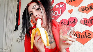 A cocktail of saliva, bananas and strawberries for you, my dirty boy!