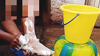 Outdoor Bathing My Pregnant Girlfriend in Dirty Environment