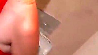 Blonde Babe in Red Lingery Pisses in Toilet and Thereafter Blows a Big Cock with Cumshot in the Shower