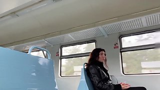 Slutty Russian brunette got some cum on her face by a stranger in a train