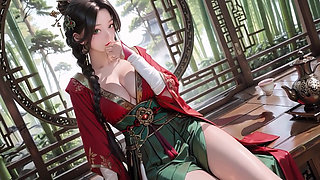 The Red-Robed Goddess in a sun-dappled secret garden, lazily turning her head with golden halos and a coy smile