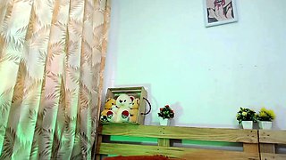 Busty curly brunette with big boobs fucks on couch