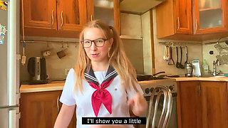 Cosplay in Japanese College Uniform, Girl Masturbates and Cums in the Kitchen