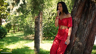 Seductive Russian Beauty Smoking Slim Cigarette Outdoors