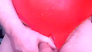 Chubby grandpa wearing red latex bodysuit wanking a semi and cumming for 3 minutes plus