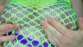 Neon Green Fishnet MILF Slut Takes Huge Blue Dildo Deep - Wet Pussy Stretching & Creamy Orgasm