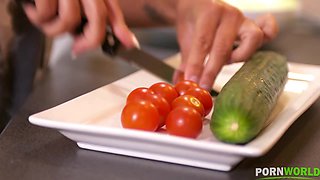 Kitchen Delights - A Huge Cucumber for a Hungry Pussy