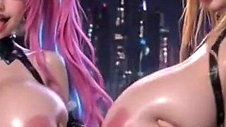 Two Cute Cyberpunk Girls Boobs, Ai Animation