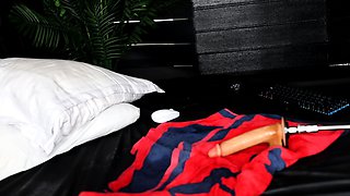 Non stop blonde with big boobs cock jerks off on the bed