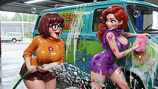 Velma and Daphne Enjoy a Sensual Soapy Nude Car Wash Cleaning the Classic Mystery Machine Van Thoroughly