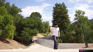 Busty teenage Amber Moore salutes him home