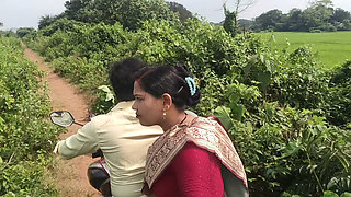 Indian Desi bihari village wife hard touch big boobs, by her lover, in running bike, in outdoor jungle
