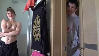 Mature fucks a young guy in his shower: Blowjob, Cowgirl  Amateur Porn