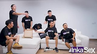 Petite Brazilian Vivian Lola fucked hard by multiple Latino men in gym