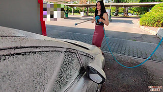 I Wash My Car - Hot Girl Next Door in a Pencil Skirt and High Heels