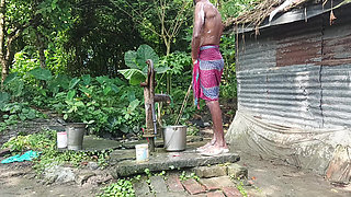 Indian mature Shower open place desi style..