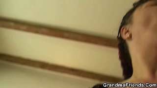 POV old fat granny swallows two cocks
