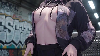 Cute anime girl masturbates and gets fucked in the subway station