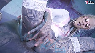 Tattooed Chick's Tattooed Dick riding Passion Glasses, Buttplug, and DP, Facial