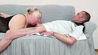 Stepmom Kneads Her Throat with a Deep Blowjob and Swallows Cum