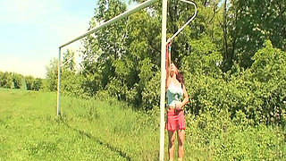 Old grandpa fucks cute teen with big tits outdoors