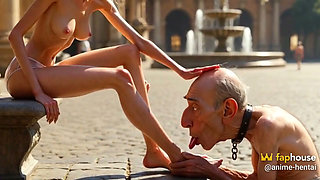 Submissive Man Worshipping Mistress Feet in Plaza