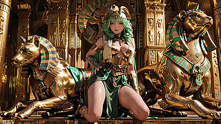 Green-Haired Egyptian Queen! Kneeling in the Golden Hall, guarded by Sphinxes.