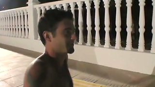 Brunette fucks a stud cock on pool chair