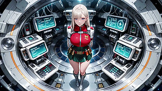 Private moments inside the futuristic spaceship where her white uniform is stretched to perfection.