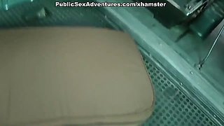 Chick in pink fishnets fucking in the car
