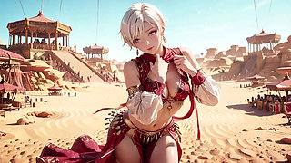 Desert Fantasy! Silver-haired Saintess's Private Dance in the Red-Gold Palace, light ribbons wrapping around her.