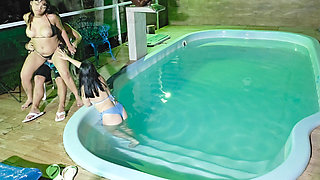 Caught in the Act! Two Brunettes Caught Masturbating in the Condo's Pool