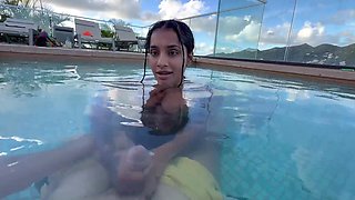 She sucks my dick a little bit and jerks me off in the pool