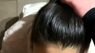 Big tit brunette sucks a big cock POV