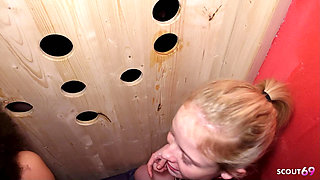 Gloryhole Challange with German Ginger and Latina Teen with Stranger Guys