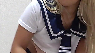 Busty Tanned Japanese Surfer Girl in Braless Student Uniform, Mini Skirt, Wedgie Thong Panties, Socks, Sexy Apartment Cleaning