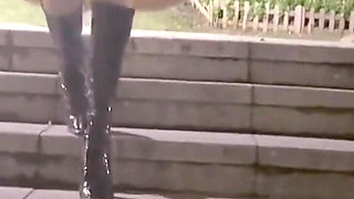 Sexy Long-legged High Heels in Boots, a Beauty at Her Extreme Outdoor Exposure, Task, Restroom Sex