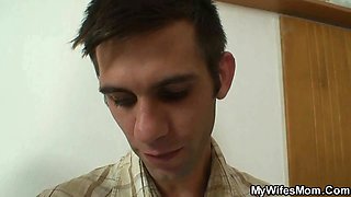 Hairy mother in law in white lingerie riding cock