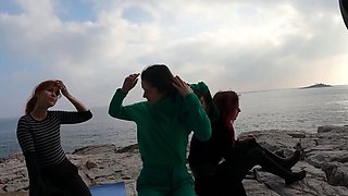 3 Naked Girls Yoga on Rocky Beach