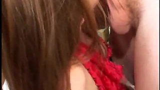 Sexy slut Red taking three hard cocks in fuck holes and gets jizzed on