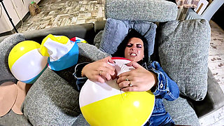 Denim Beach Ball Humiliation: Deepthroat, Popping, Doggy and Double Cum