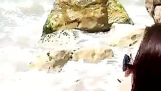 Spontaneous foursome on the beach with skinny teen Coralie and stepdad