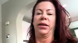 Busty curly brunette with big boobs fucks on couch